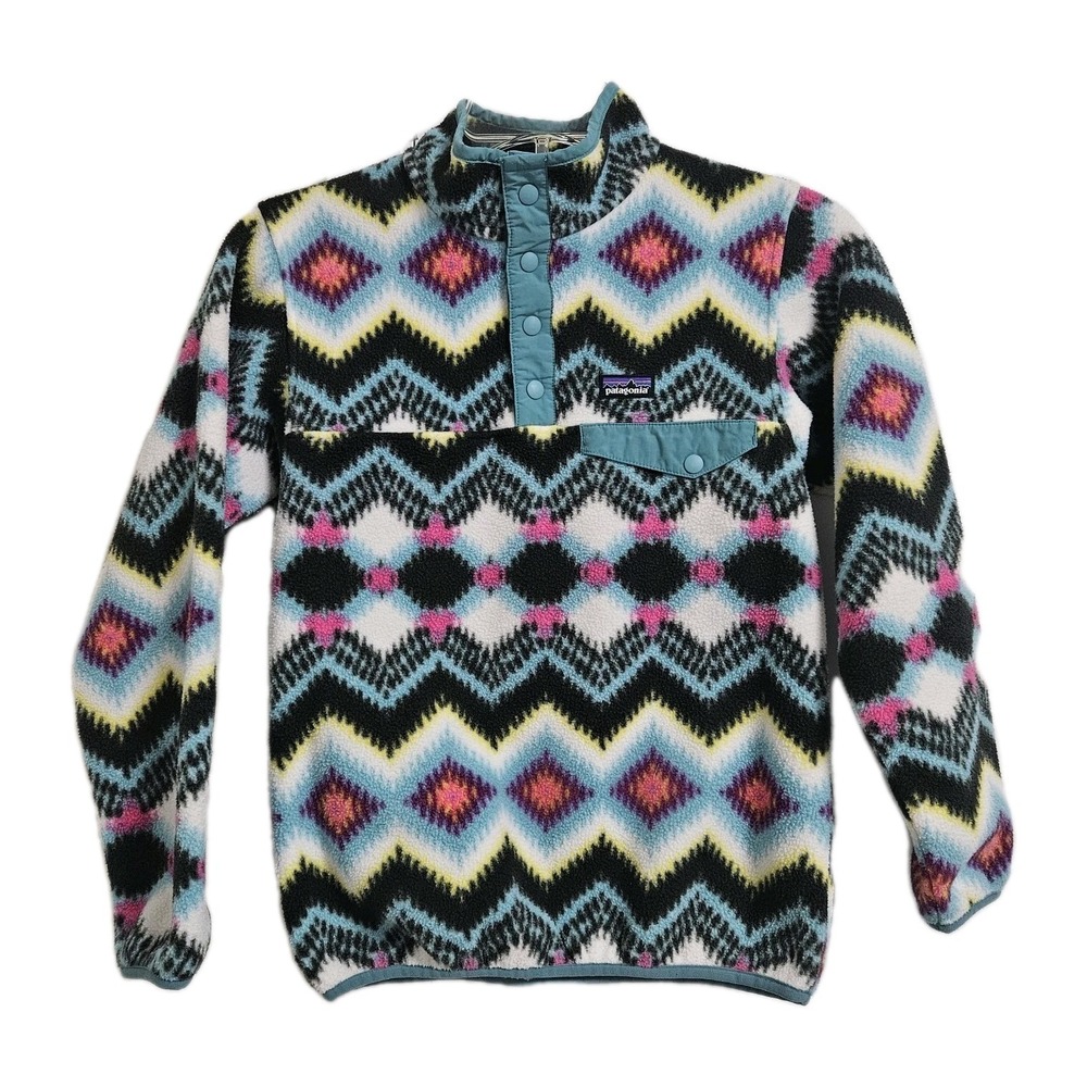 Patagonia Fleece Pullover Kids Lg 12 Multicolor Synchilla Snap-T Geometric Aztec